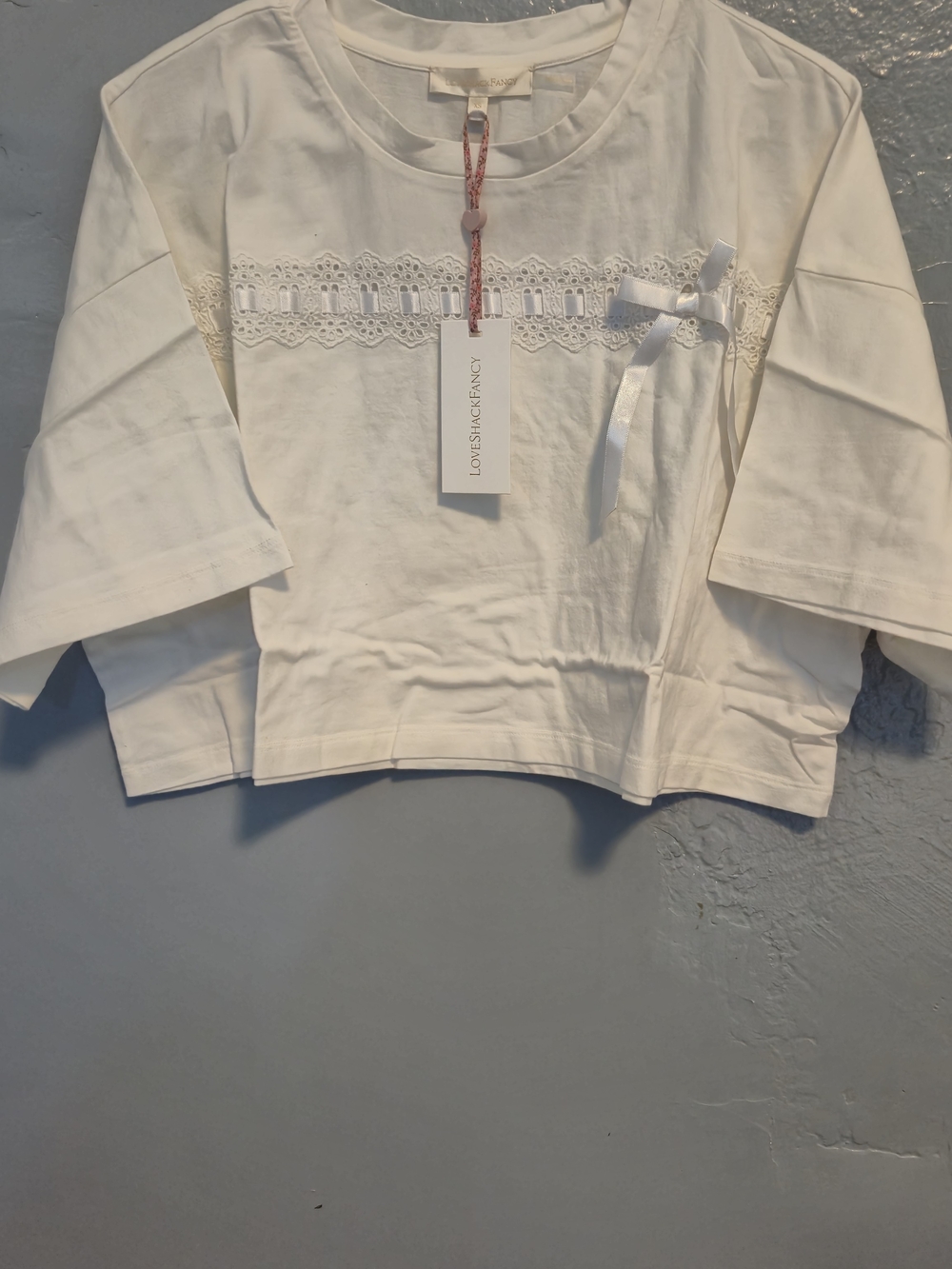 LoveShackFancy Cream Lace-Trim Cropped" Mirelda Tee" with Ribbon